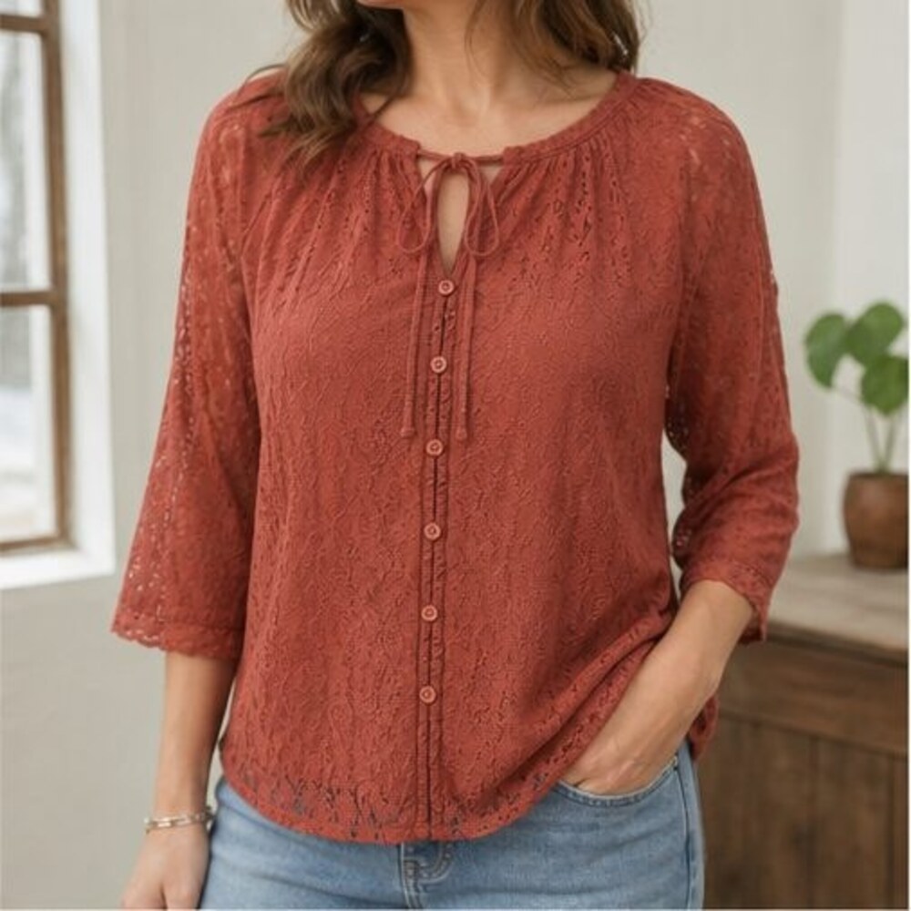 Rust Lace Trim Top - Picture 2 of 6